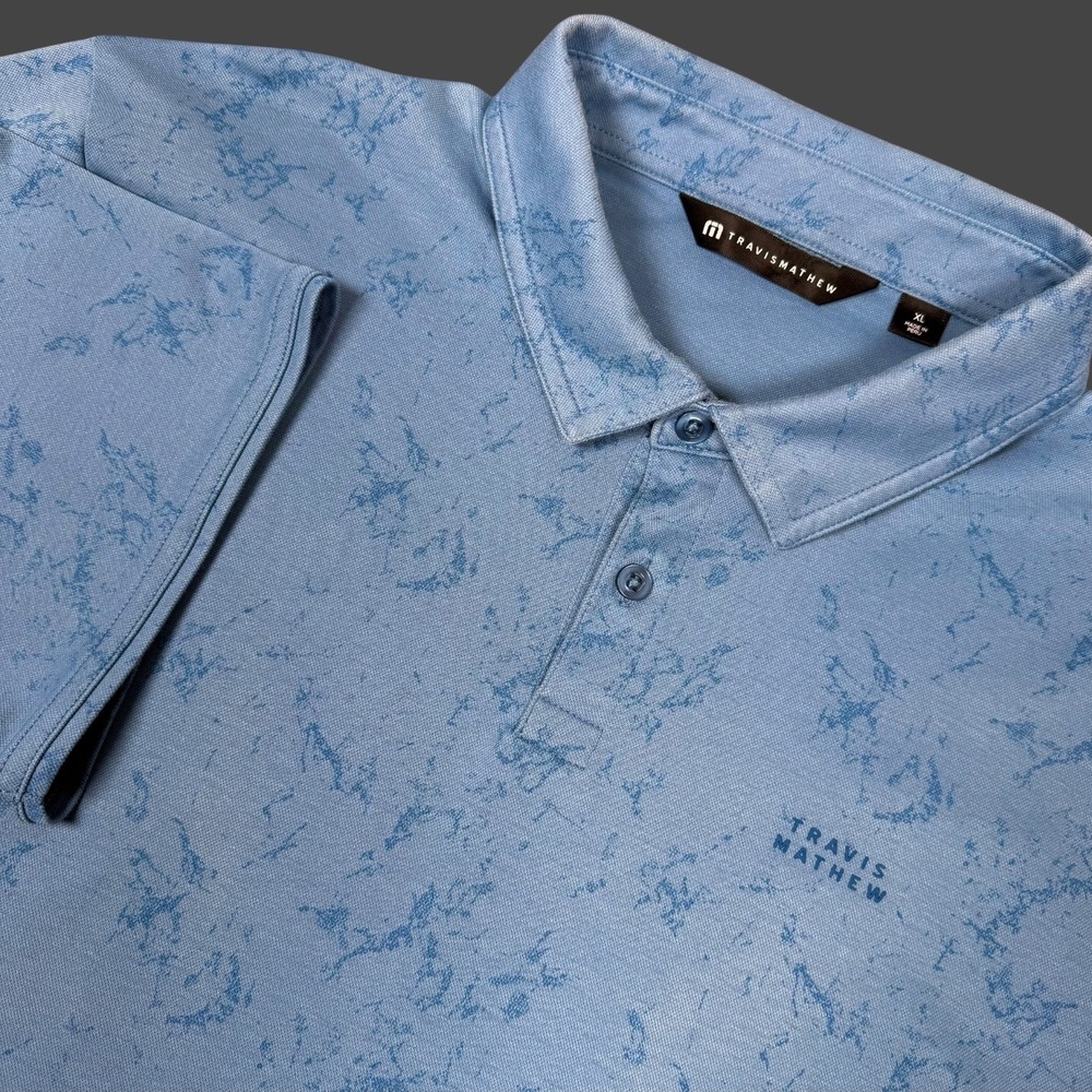 Travis Mathew Polo Shirt Men XL Blue Marble Print Short Sleeve Golf Tee